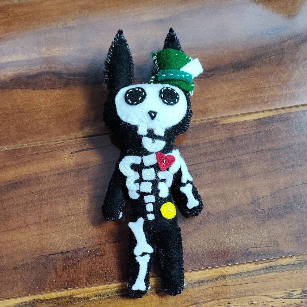 Handmade Black Felt Skeleton Bunny Plush with Green Hat